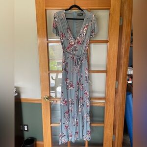 Lulus Fiorire Slate Blue Floral Print Wrap Maxi Dress